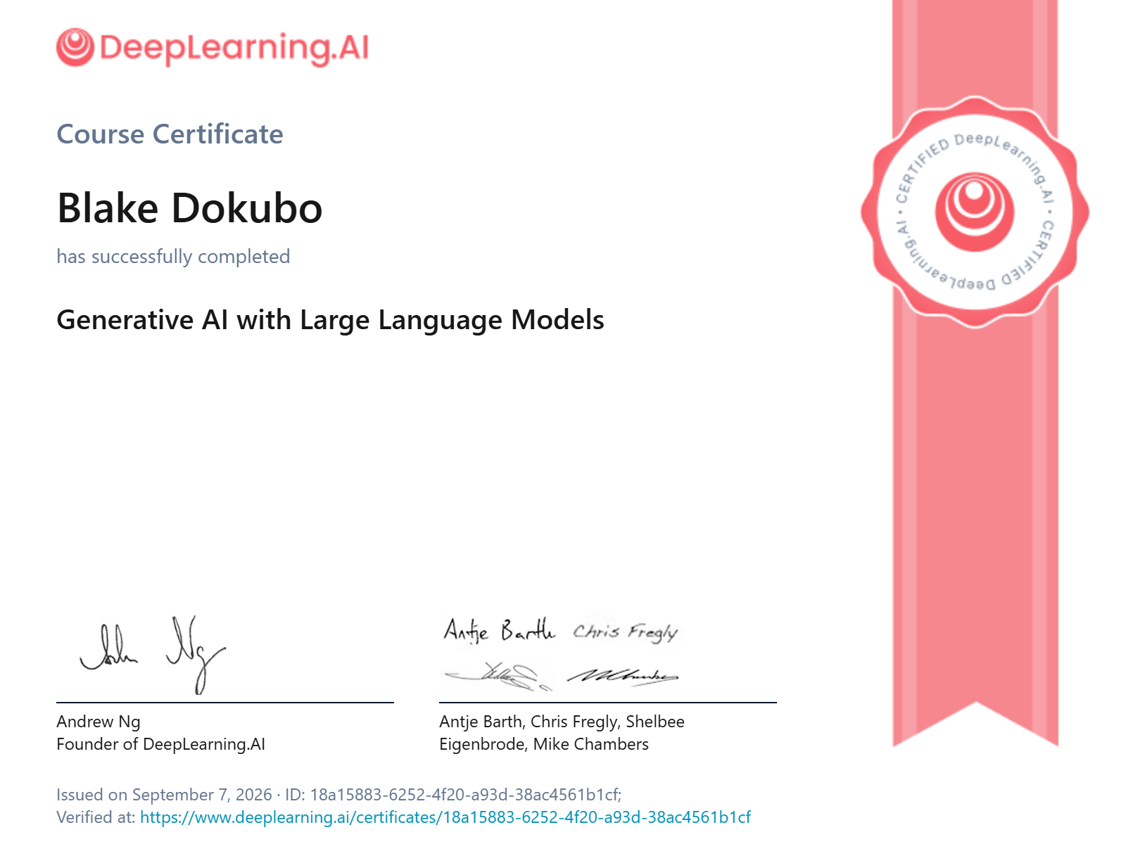 Generative AI with Large Language Models certificate