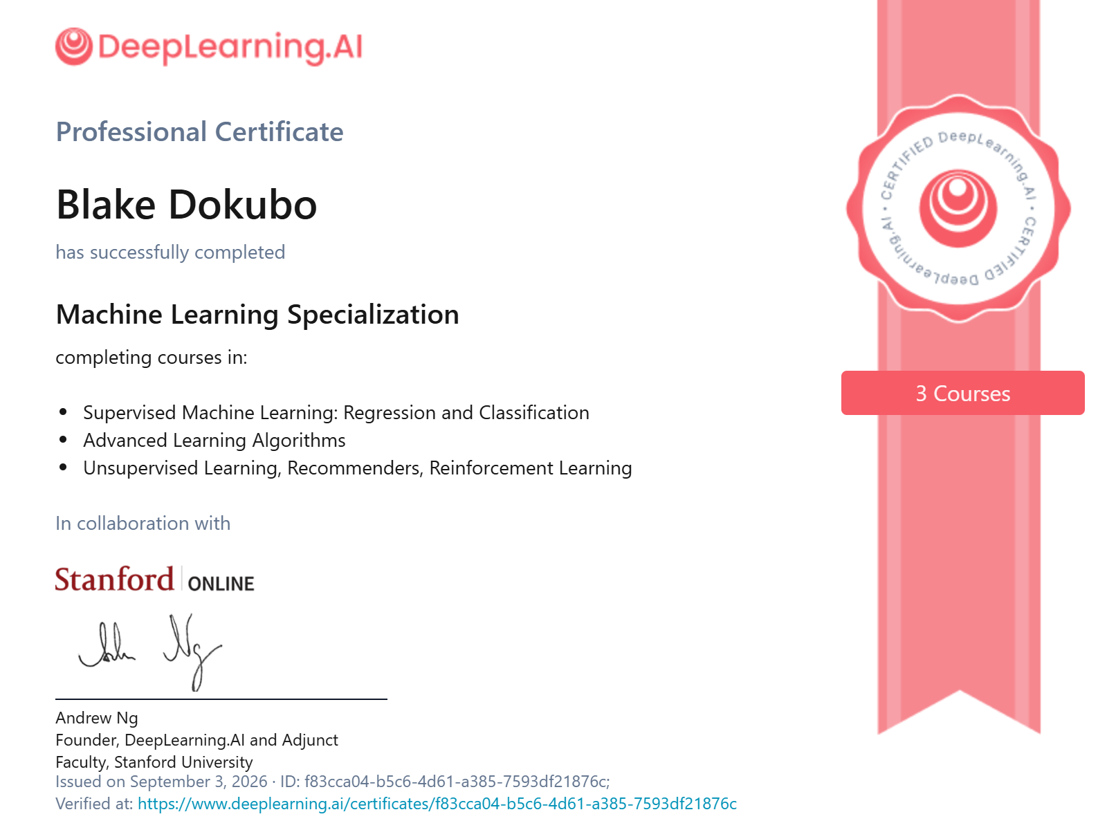 Machine Learning Specialization (3 courses, with Stanford Online) certificate
