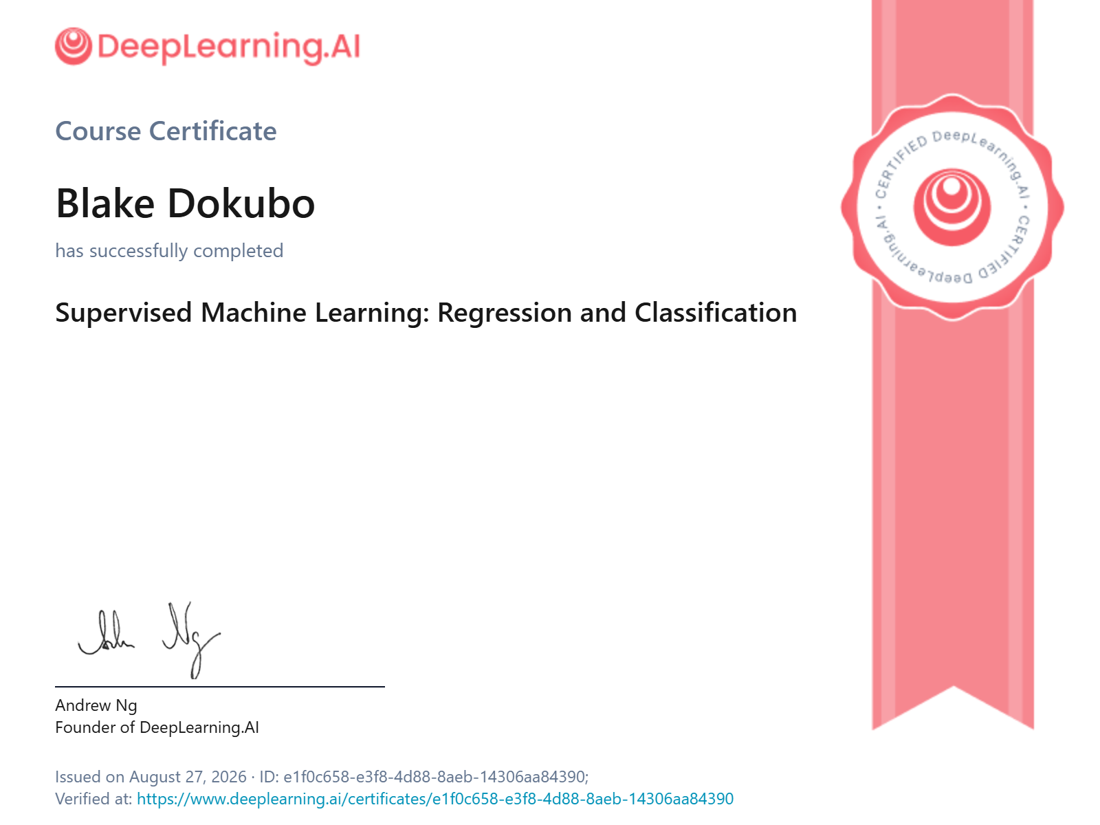 Supervised Machine Learning: Regression and Classification certificate